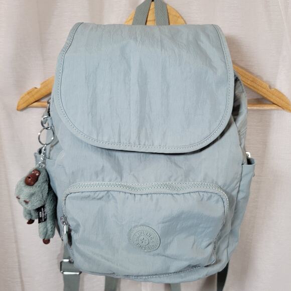 Kipling City Backpack Womens Medium Light Blue Drawstring Flap Monkey Keychain - Picture 2 of 12